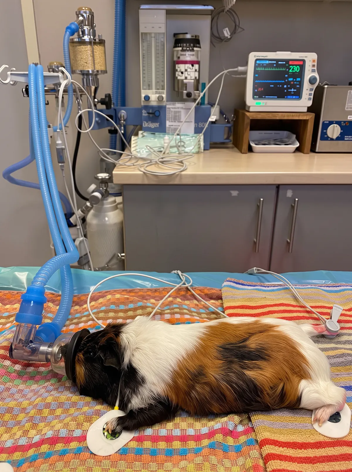Meerschweinchen in Narkose mit Monitorüberwachung